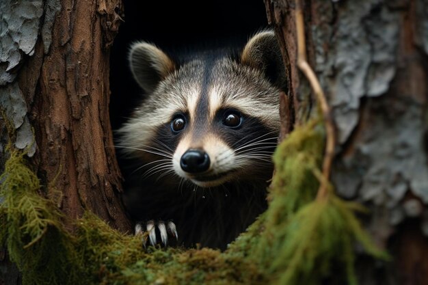 a raccoon is peeking out of a hole in a tree