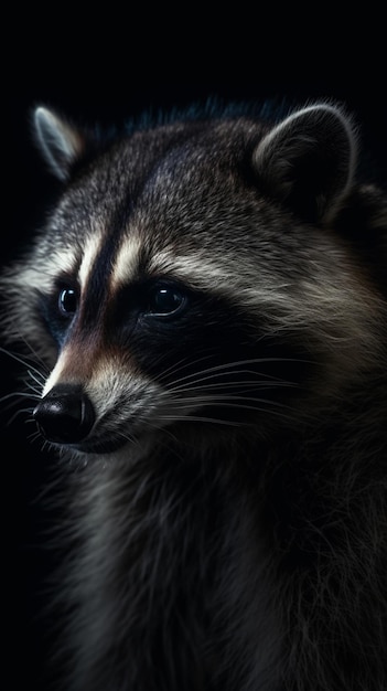 A raccoon is shown in a dark room.