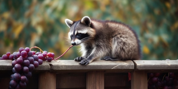 A raccoon is sitting on a fence and eating a red grape.