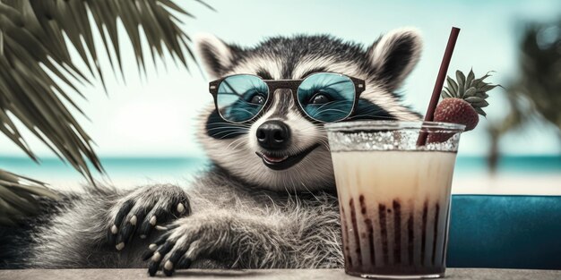 Raccoon is on summer vacation at seaside resort and relaxing on summer beach