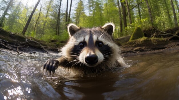Photo a raccoon is swimming in a river in the woods.