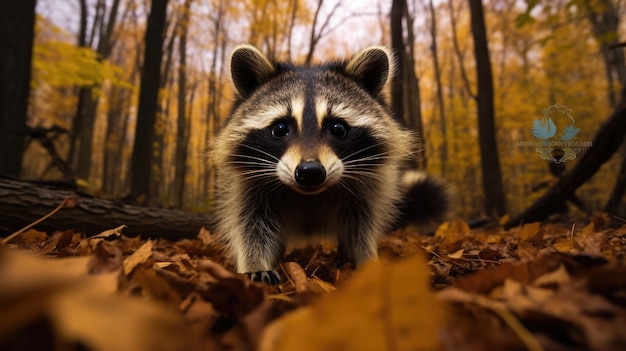 Photo a raccoon is walking through a forest with autumn leaves.