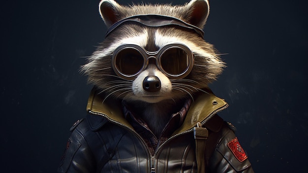 Raccoon in a jacket with a helmet and glasses