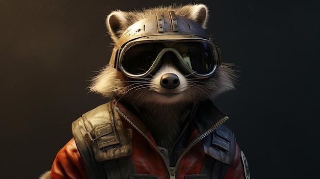 Raccoon in a jacket with a helmet and glasses