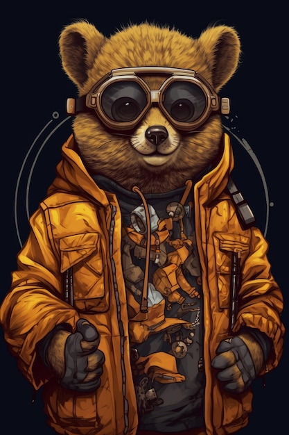 Raccoon in a jacket with a helmet and glasses