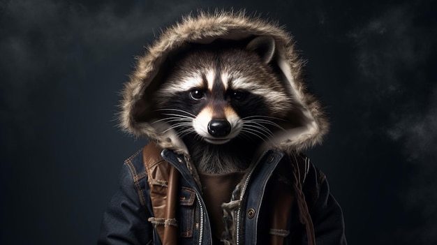 A raccoon in a jacket with a hoodie and a hoodie