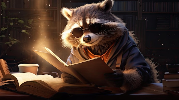 Raccoon librarian reading books