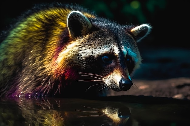 Raccoon looking at the water in the dark