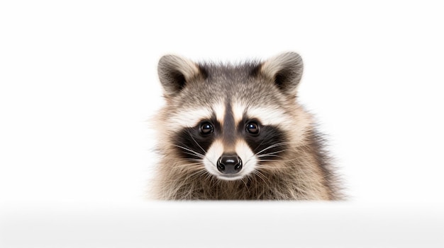 a raccoon looking over a white surface