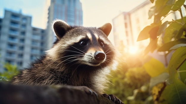 a raccoon looks out of the window at the sunset.