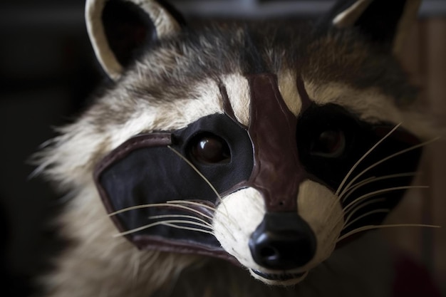A raccoon mask is on display in a dark room.