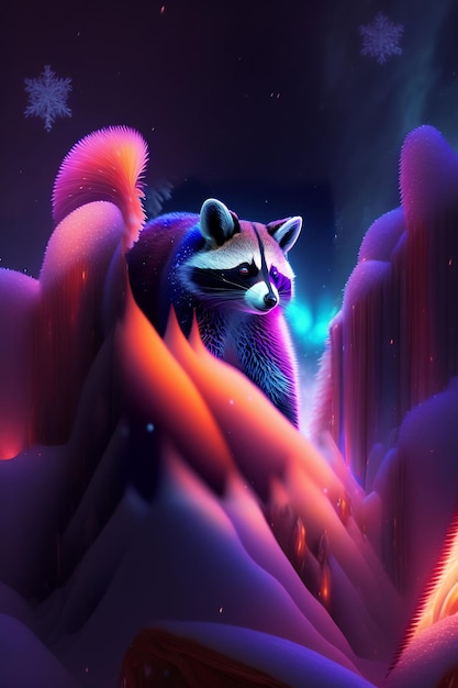 Raccoon in the mountains with a purple background