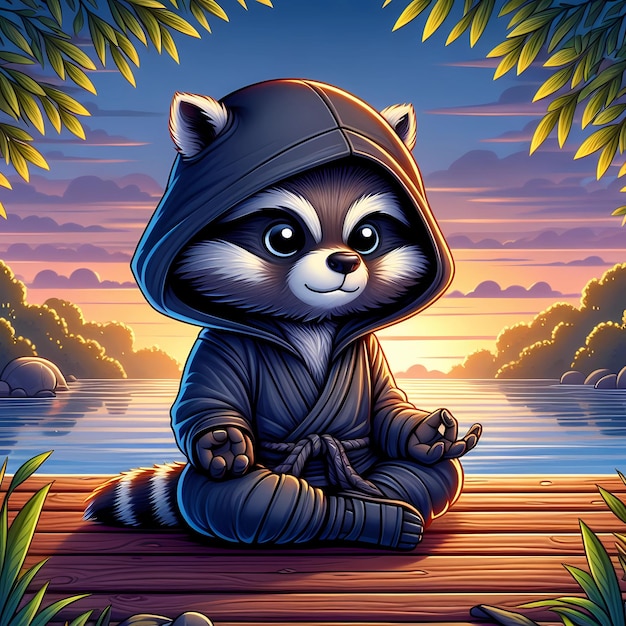 raccoon ninja meditating near the river illustration