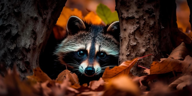 Raccoon peeking out of a tree hole with leaves and branches surrounding it Generative AI