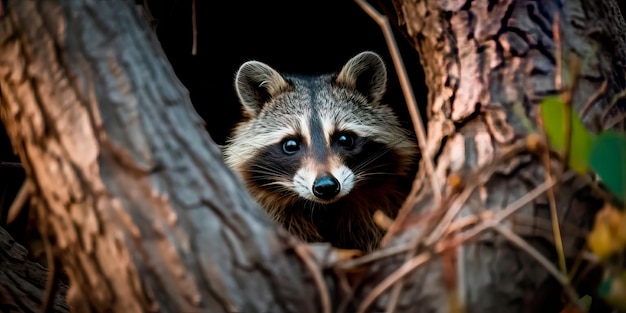 Raccoon peeking out of a tree hole with leaves and branches surrounding it Generative AI