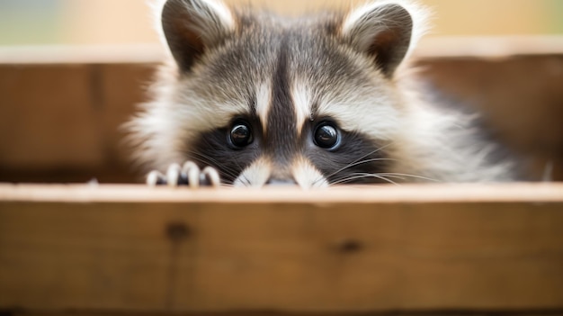a raccoon peeks its head out of a wooden box