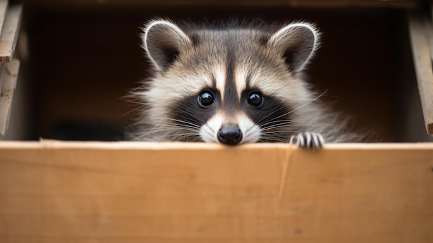 a raccoon peeks out of a box