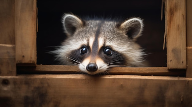 a raccoon peeks out of a window