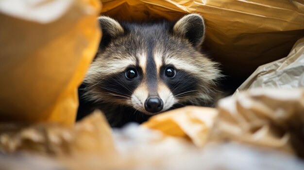 A raccoon peeks out with curiosity from a bag