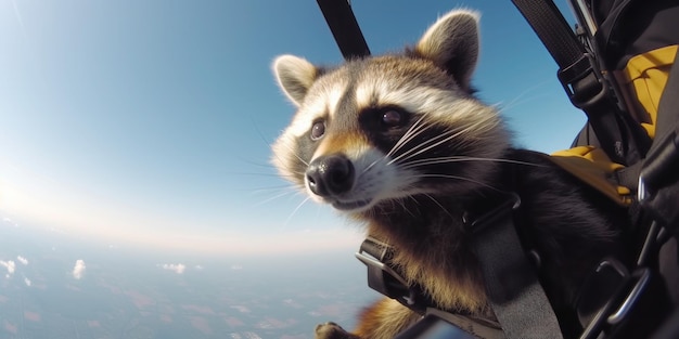 飛行機の窓にいるアライグマ