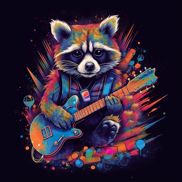 Енот играет на гитаре с разноцветными брызгами краски, генерирующее изображение ai