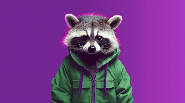 Raccoon in a purple hoodie with a green hoodie