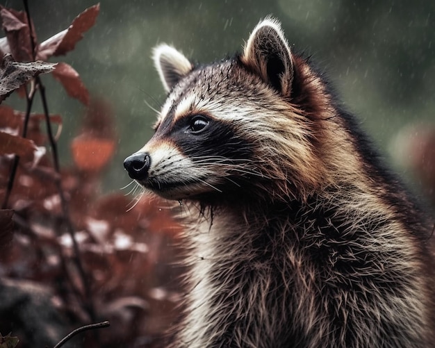 A raccoon in the rain with the word raccoon on the left side.