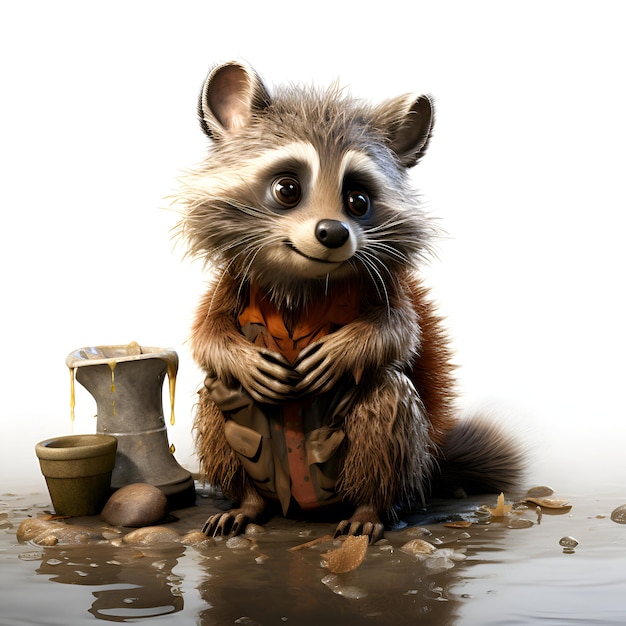 raccoon in a raincoat and boots sits on the water