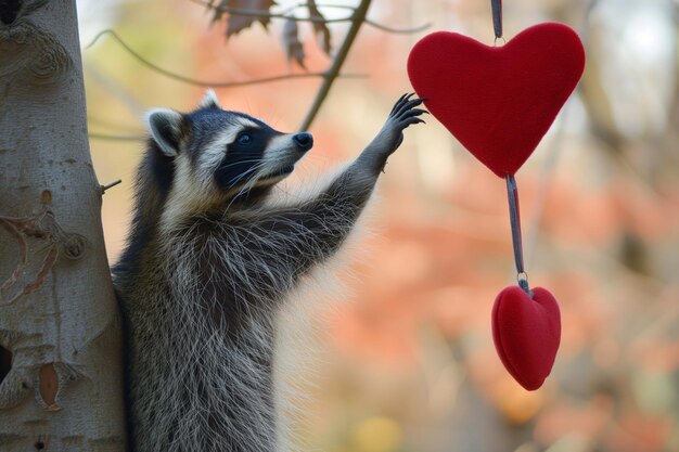 Photo raccoon reaching for a hanging heart ornament from a tree