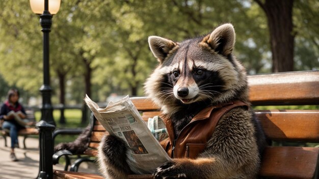 A raccoon reading a newspaper on a park bench