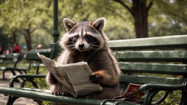 A raccoon reading a newspaper on a park bench