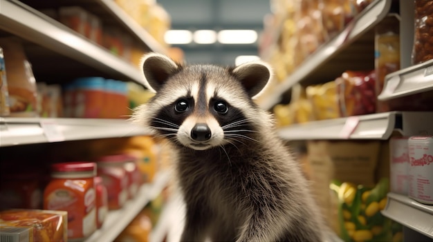 A raccoon sits in a grocery store aisle.