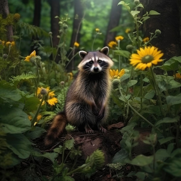 A raccoon sits on a mossy rock surrounded by flowers