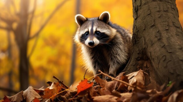 Photo a raccoon sits in a pile of autumn leaves.