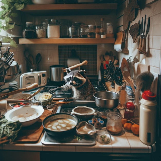 Енот сидит на прилавке на кухне, генеративное изображение ИИ
