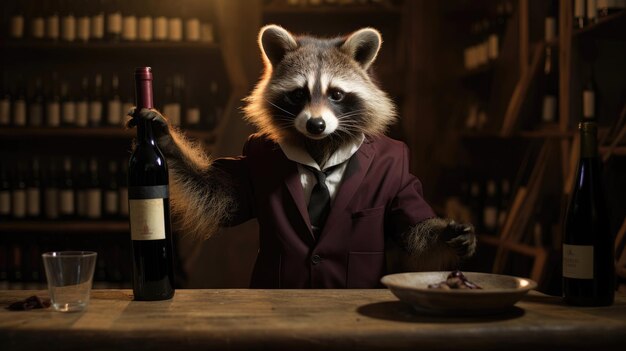 Raccoon sommelier die een fles wijn aanbeveelt Generatieve AI