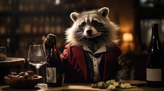 Raccoon sommelier die een fles wijn aanbeveelt Generatieve AI