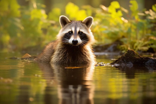 a raccoon standing on a log in a forest