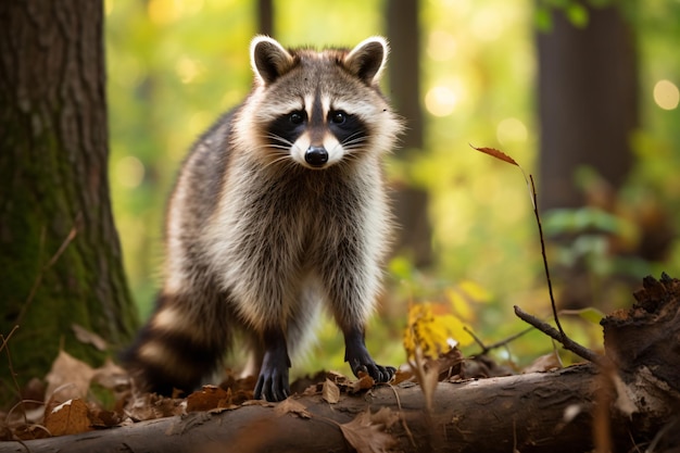 a raccoon standing on a log in the woods