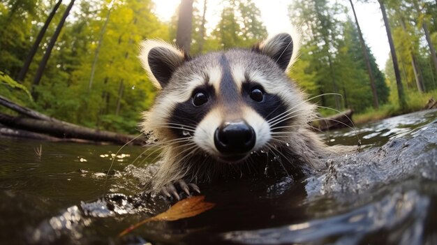 Photo a raccoon swims in a river in the woods.