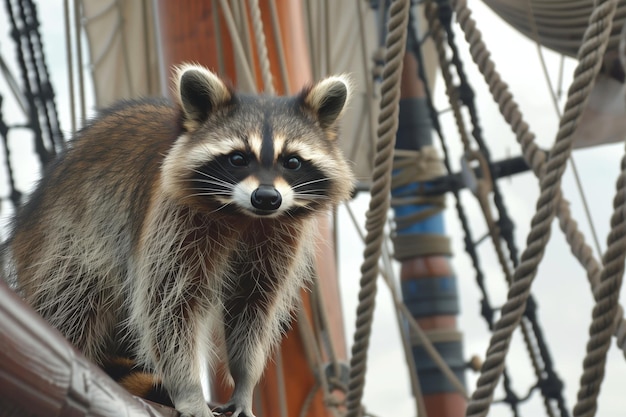 Photo raccoon on a tall ship standing next to mast sails up