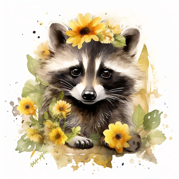 a raccoon that has a flower on its head