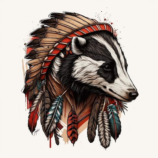 Photo raccoon totem wild animal head wearing indian feathered headgear