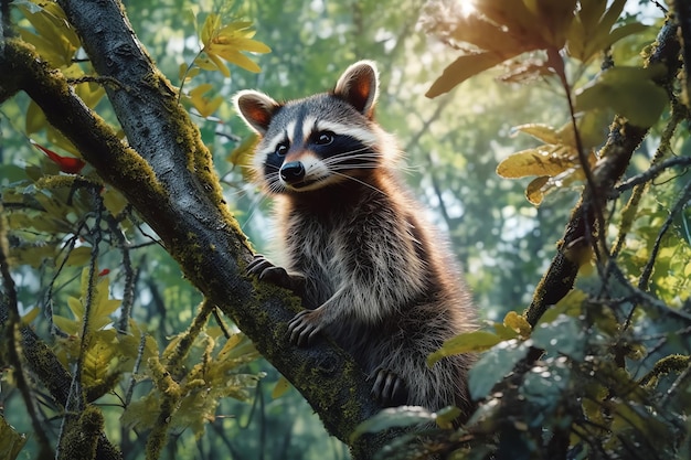 Raccoon in a tree looking at the camera