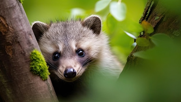 A raccoon in a tree with green leaves