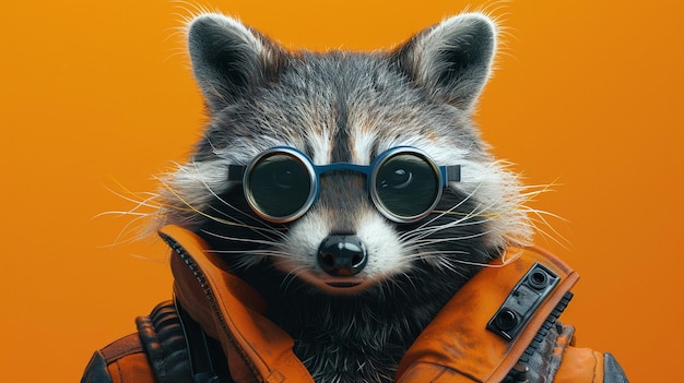 Photo a raccoon wearing afei xing yuan jia ke and goggles is looking at the camera with a serious