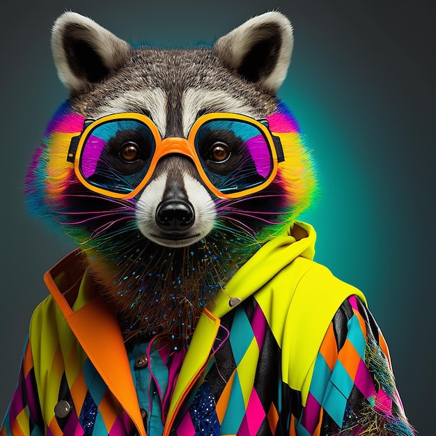 A raccoon wearing a colorful jacket and sunglasses.