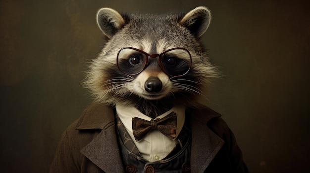 a raccoon wearing glasses and a suit with a tie and glasses.