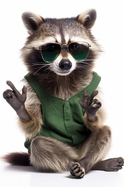 A raccoon wearing green sunglasses sits with his fingers crossed.