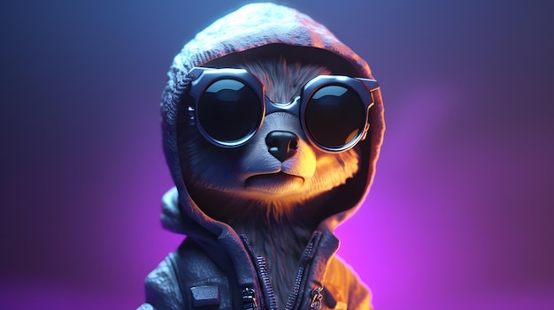 A raccoon wearing a hoodie and sunglasses stands in front of a purple and purple background.